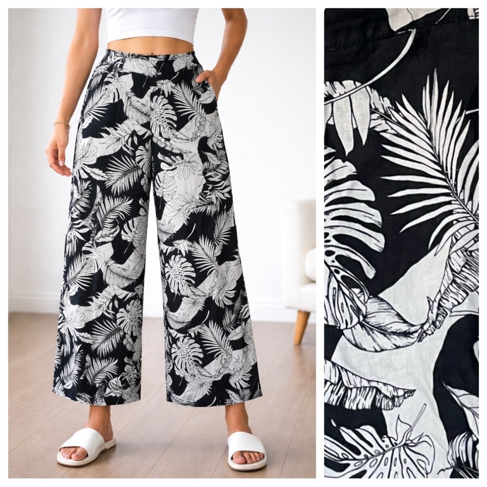 Christian Siriano Linen Tropical Wide Leg Pants black white floral 54287 - Picture 2 of 11